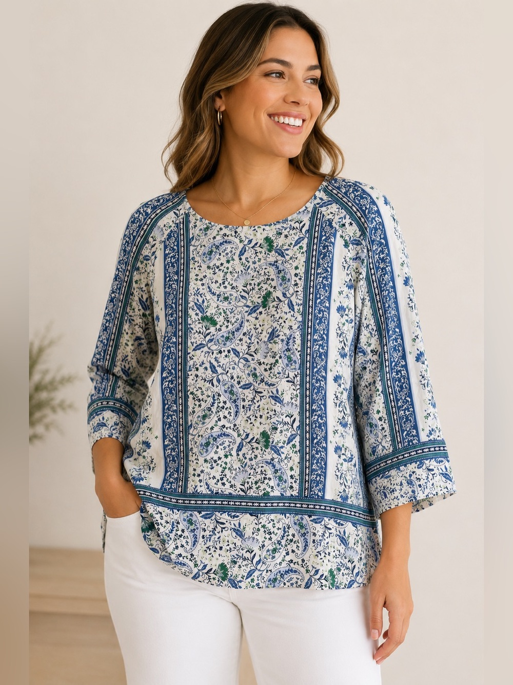 J.Jill Petite Paisley Border Print Rayon Blouse Blue Green LP Boho Floral
